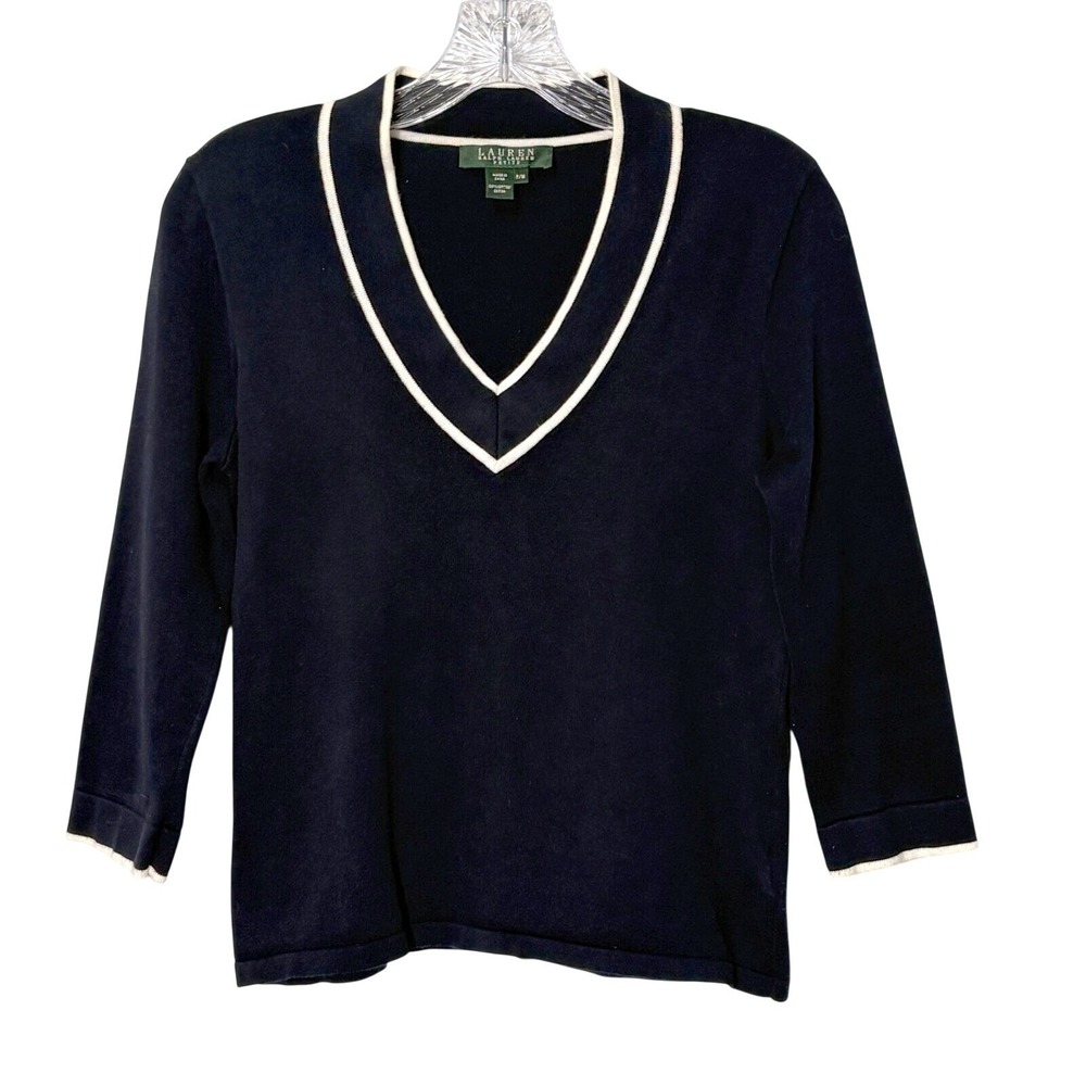 Lauren Ralph Lauren Navy V-Neck Sweater with Cream Trim